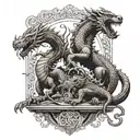 Brown wood dragon and brown earth dragon sitting on a scale while the tiger is clawing the scale tattoo design idea