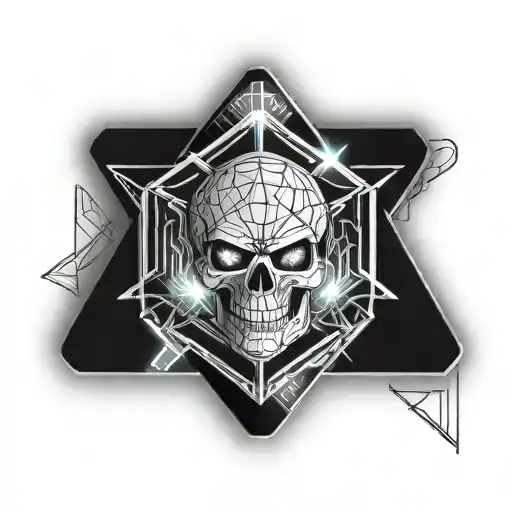 asymetrical round object with hexagons, demonic scull and pyramid  tattoo design idea