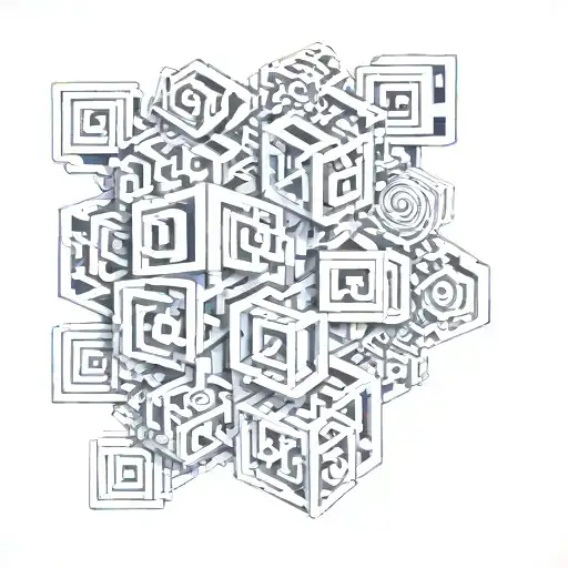 geometrical shapes intertwining squares and spirals detailed, surreal tattoo design idea