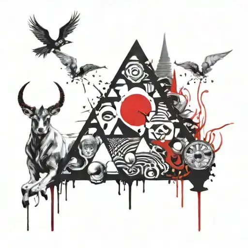 black and white abstract asymetrical round objects with , demonic horns coming out of a pyramid  tattoo design idea