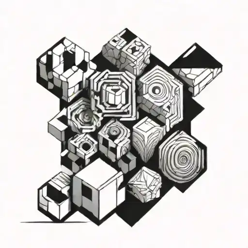 black and white abstract asymetrical geometrical patterns made out of cubes and spirals tattoo design idea