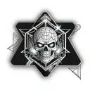 asymetrical round object with hexagons, demonic scull and pyramid  tattoo design idea