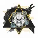 asymetrical round object with hexagons, demonic scull and pyramid  tattoo design idea