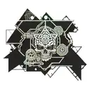 asymetrical round object with hexagons, demonic scull and pyramid  tattoo design idea