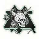 asymetrical round object with hexagons, demonic scull and pyramid  tattoo design idea