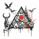 black and white abstract asymetrical round objects with , demonic horns coming out of a pyramid  tattoo design idea