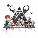 black and white abstract asymetrical round objects with , demonic horns coming out of a pyramid  tattoo design idea