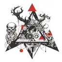 black and white abstract asymetrical round objects with , demonic horns coming out of a pyramid  tattoo design idea