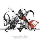 black and white abstract asymetrical round objects with , demonic horns coming out of a pyramid  tattoo design idea