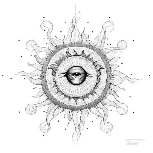 A sun with intricate dotwork shading and geometric patterns within it tattoo design idea