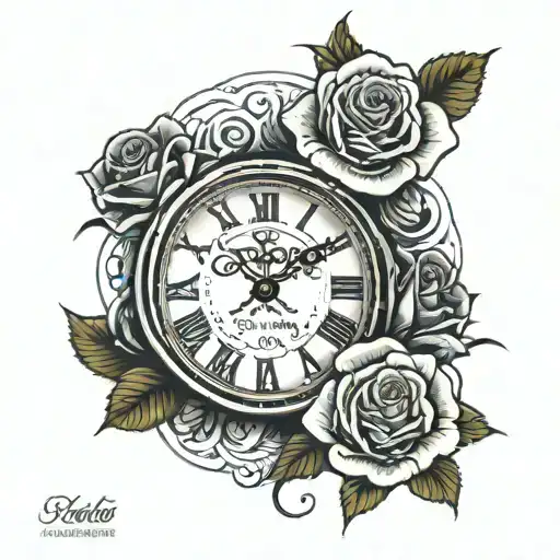roses clock with name and date of birth zodiac sign bible verse tattoo design idea