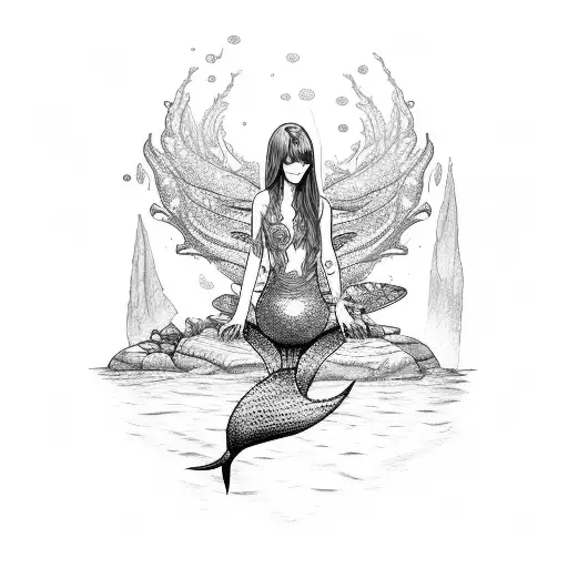A serene mermaid sitting on a rock by the shore tattoo design idea