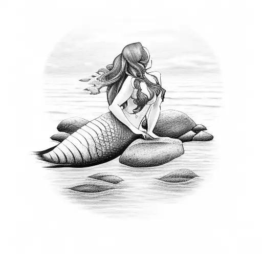 A serene mermaid sitting on a rock by the shore tattoo design idea
