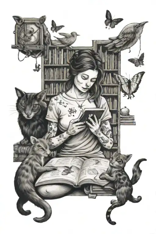 A dotwork tattoo of a mother petting her beloved pets, surrounded by books and gaming elements, showcasing the client's passion for animals, reading, and gaming tattoo design idea