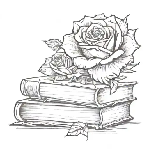 A stack of books with intricate spines forming a beautiful rose, symbolizing the love for literature tattoo design idea