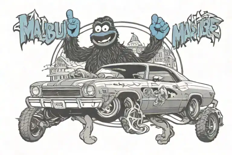 1975 Malibu classic car & cookie monster tattoo design idea