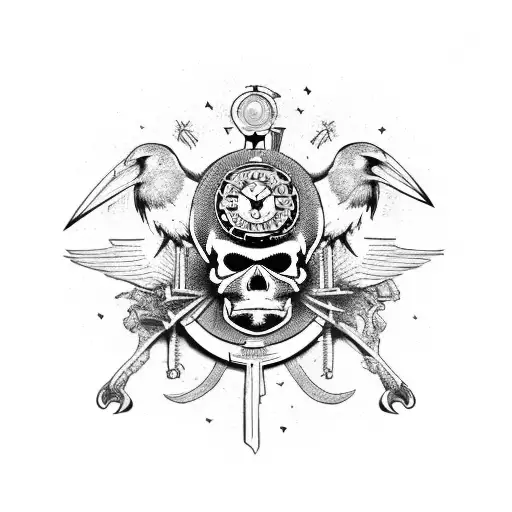 Memento mori text with a raven standing on a demon skull with an ancient clock on behind tattoo design idea