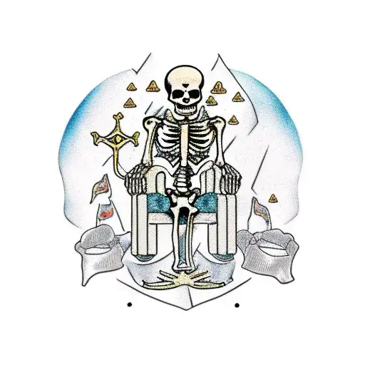 skeleton sitting on throne surrounded by gold and treasure tattoo design idea