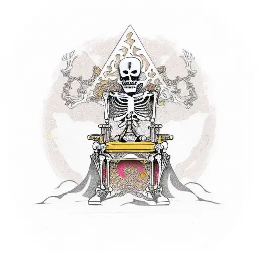 skeleton sitting on throne surrounded by gold and treasure tattoo design idea