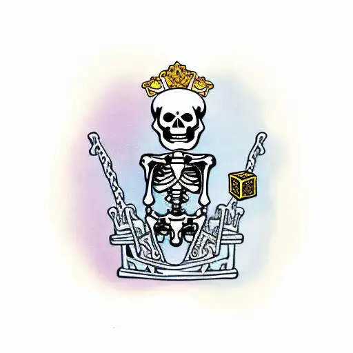 skeleton sitting on throne surrounded by gold and treasure tattoo design idea