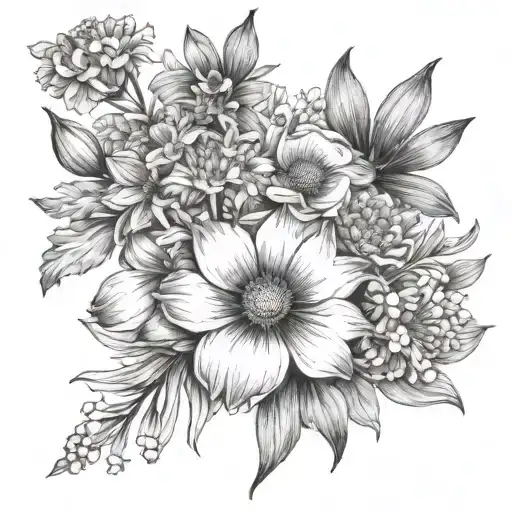 poppy, chrysanthemum, daisy, lilly of the valley, narcissus, cosmos fflower boquet tattoo design idea