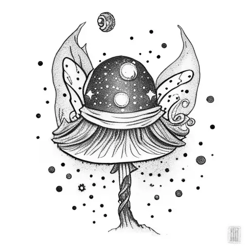 A whimsical fairy painting a galaxy on a mushroom tattoo design idea