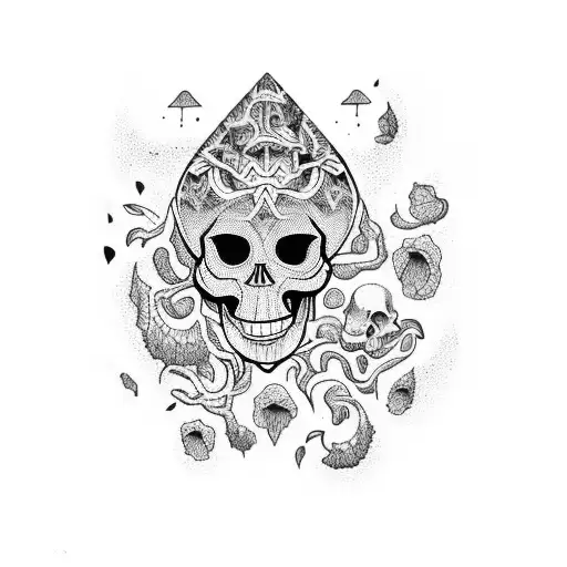 A skull surrounded by vibrant and psychedelic mushrooms in a moonlit forest tattoo design idea