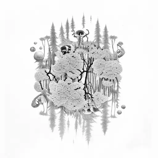 A surreal moonlit forest with floating skulls and flowers tattoo design idea