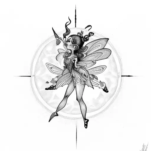 An abstract painting of a fairy dancing among floating skulls tattoo design idea