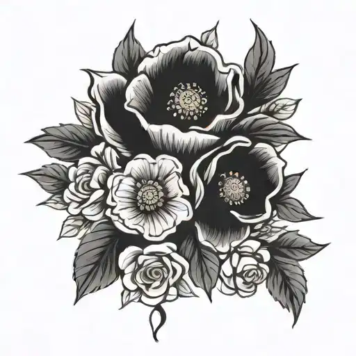 black and white flower bouquet fine line with a flower starting with C, M, M, N, T, M tattoo design idea