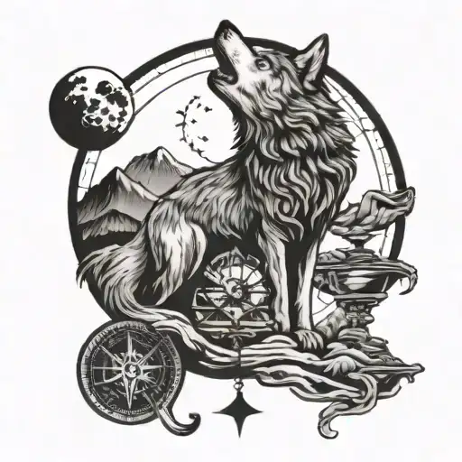 A wolf howling at the moon with a compass in its paw, symbolizing a love for travel and exploration tattoo design idea