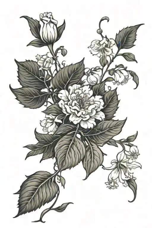 Vine like shoulder tattoo with carnations, daffodils, lilly of the valley, water lilly, snow drop, jonquil, hawthorn and tattoo design idea