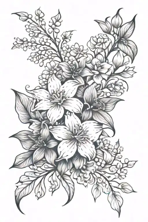 Vine like shoulder tattoo with carnations, daffodils, lilly of the valley, water lilly, snow drop, jonquil, hawthorn and tattoo design idea