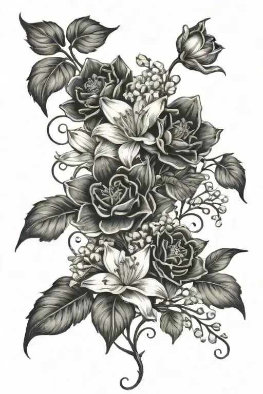 Vine like shoulder tattoo with carnations, daffodils, lilly of the valley, water lilly, snow drop, jonquil, hawthorn and tattoo design idea
