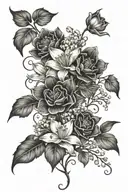 Vine like shoulder tattoo with carnations, daffodils, lilly of the valley, water lilly, snow drop, jonquil, hawthorn and tattoo design idea