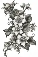 Vine like shoulder tattoo with carnations, daffodils, lilly of the valley, water lilly, snow drop, jonquil, hawthorn and tattoo design idea