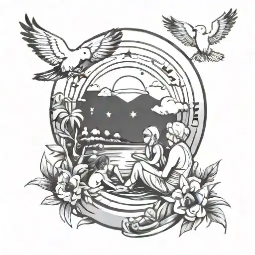 tropical scenery, a kid sitting with his grandmother, god is greater than highs and lows symbol, a crescent moon, Doves tattoo design idea