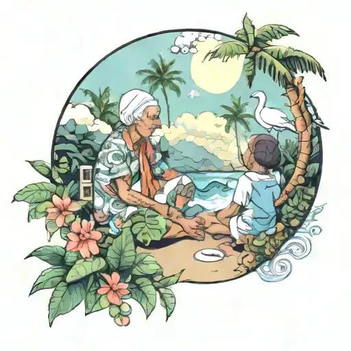 Tropical scenery, a kid sitting with his grandmother, god is greater than high and lows, doves, crescent moon and a quot tattoo design idea
