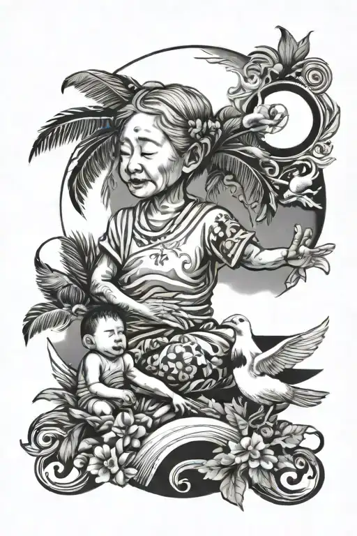 Tropical scenery, kid with his grandmother, crescent moon, god representation, doves, "peaceful mind grateful heart" tattoo design idea
