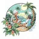 Tropical scenery, a kid sitting with his grandmother, god is greater than high and lows, doves, crescent moon and a quot tattoo design idea
