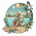 Tropical scenery, a kid sitting with his grandmother, god is greater than high and lows, doves, crescent moon and a quot tattoo design idea