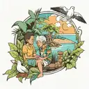 Tropical scenery, a kid sitting with his grandmother, god is greater than high and lows, doves, crescent moon and a quot tattoo design idea