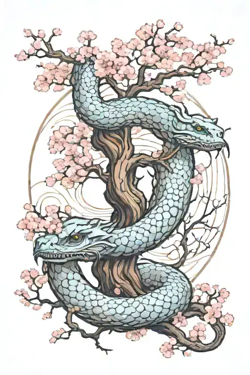 Jörmungandr wrapped around cherry blossom tree in the center of the earth in color tattoo design idea