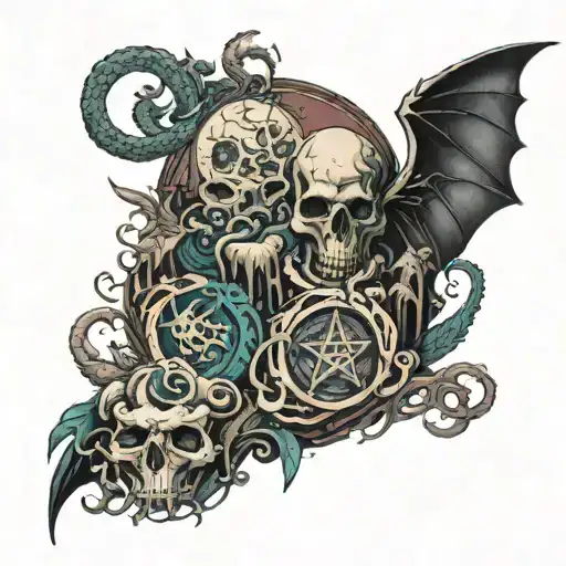 dark lovecraft fantasy scene tattoo design idea