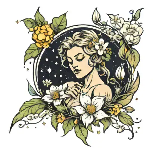 A neotraditional tattoo of a virgo constellation intertwined with a garland of garlic bulbs and flowers, symbolizing growth and healing tattoo design idea