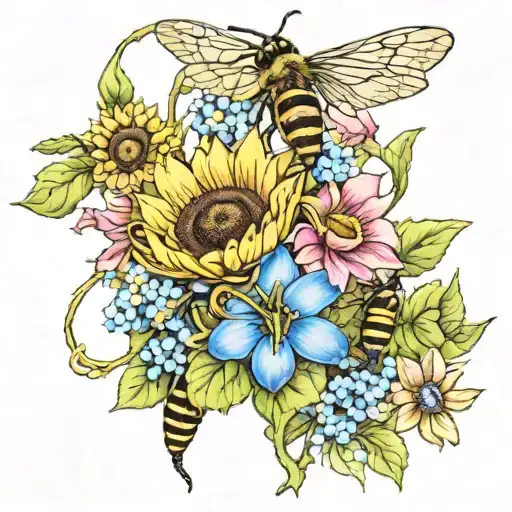flowers intertwined and wrapped with vines, bees, sunflowers, forget-me-not flowers,  tattoo design idea
