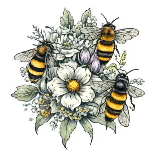 A realism tattoo of a bouquet of flowers, with bees buzzing around them, symbolizing the beauty of growth and healing through therapy tattoo design idea