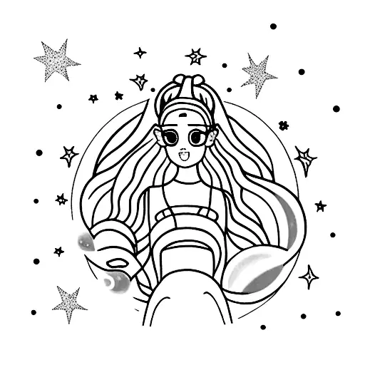 Ariana Grande performing on a cosmic stage surrounded by stars and planets tattoo design idea