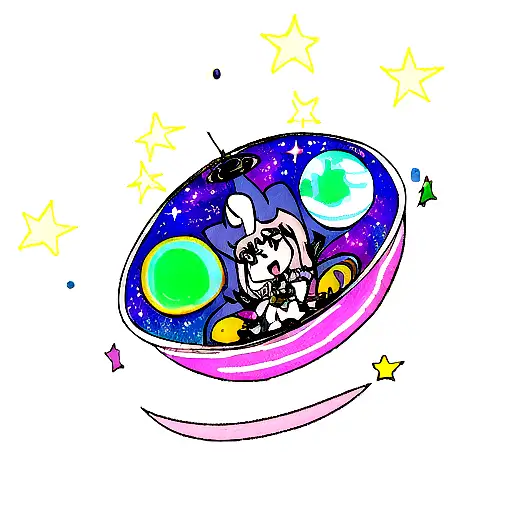 Ariana Grande performing on a cosmic stage surrounded by stars and planets tattoo design idea