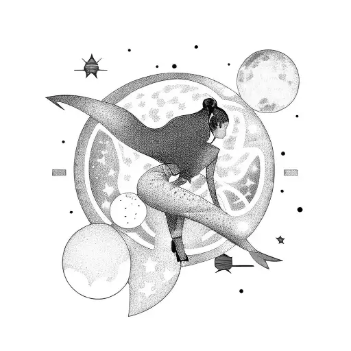 Ariana Grande performing on a cosmic stage surrounded by stars and planets tattoo design idea